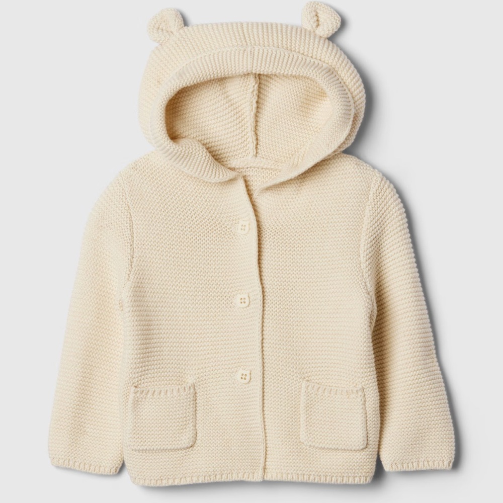 BABY BEAR 100% COTTON CREAM HAT & BUTTON UP KNITTED CARDIGAN | 6M - 12M